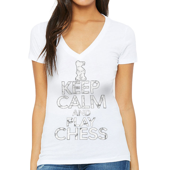 Keep Calm and Play Chess Women's V-Neck T-Shirt - Cool Saying V-Neck Tee - Graphic T-Shirt