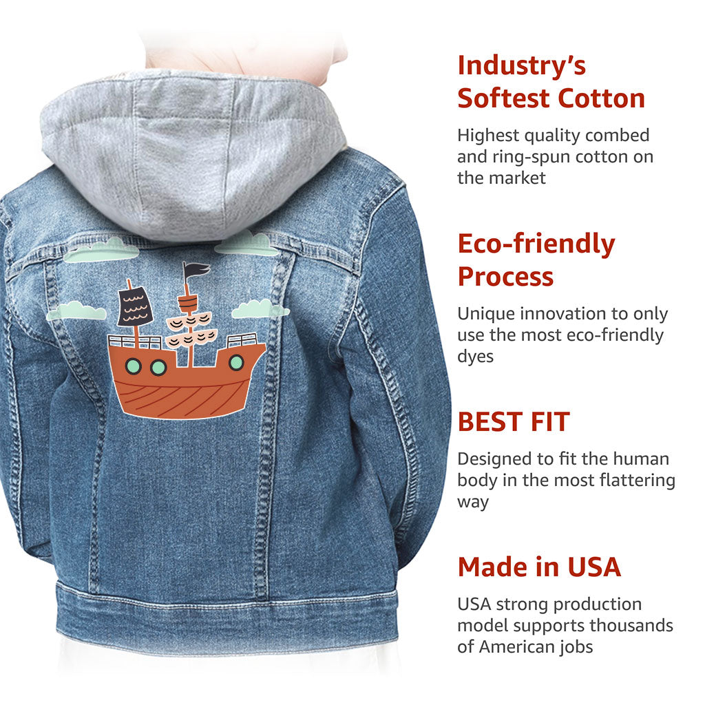 Pirate Ship Hooded Denim Jacket for Kids - Themed Jean Jacket - Bright Art Denim Jacket for Kids