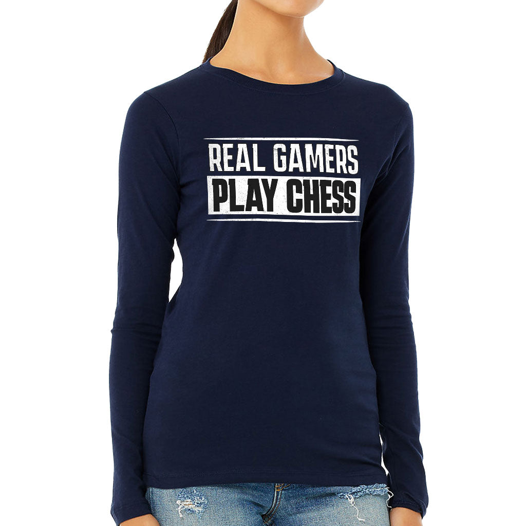 Real Gamers Women's Long Sleeve T-Shirt - Word Graphic Long Sleeve Tee - Graphic T-Shirt