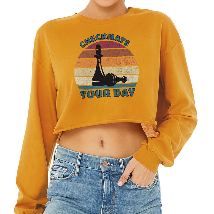 Checkmate Your Day Cropped Long Sleeve T-Shirt - Colorful Women's T-Shirt - Printed Long Sleeve Tee