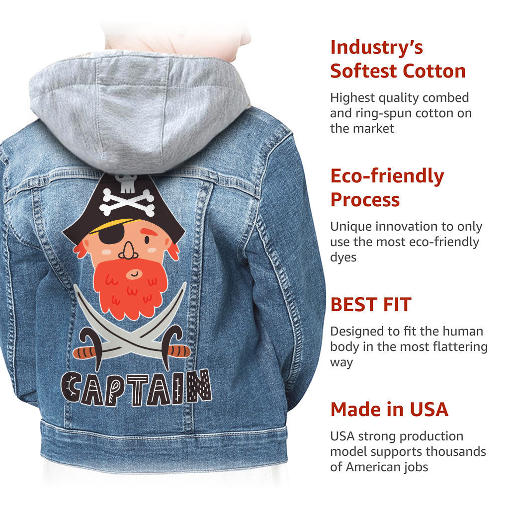 Captain Hooded Denim Jacket for Kids - Pirate Themed Jean Jacket - Cool Denim Jacket for Kids