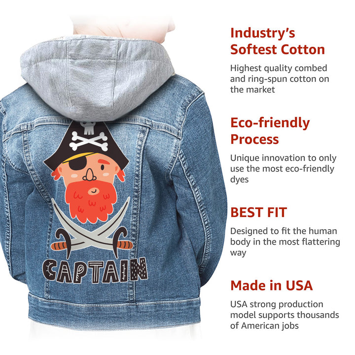 Captain Hooded Denim Jacket for Kids - Pirate Themed Jean Jacket - Cool Denim Jacket for Kids