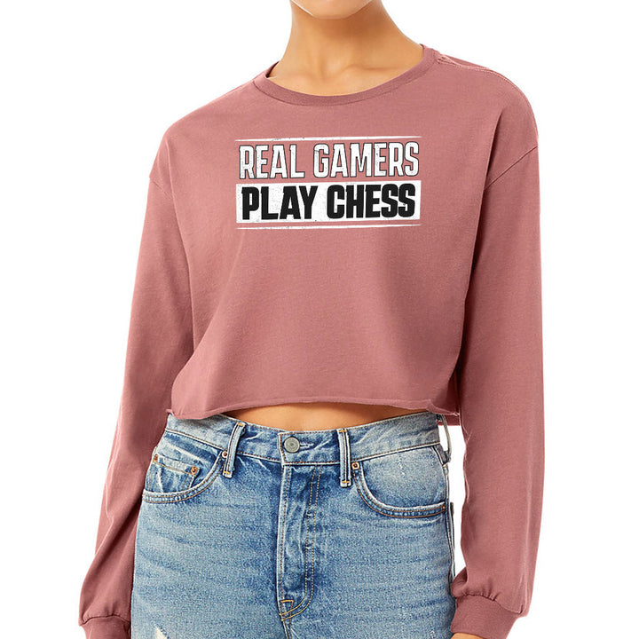 Real Gamers Cropped Long Sleeve T-Shirt - Word Graphic Women's T-Shirt - Graphic Long Sleeve Tee