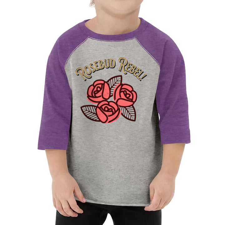Rosebud Rebel Toddler Baseball T-Shirt - Cute 3/4 Sleeve T-Shirt - Flower Themed Kids' Baseball Tee