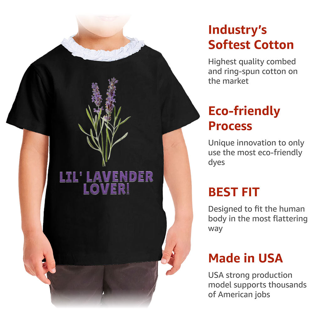 Lil' Lavender Lover Girls' Ruffle Neck T-Shirt - Flower Themed Toddler T-Shirt - Graphic Ruffle Neck Tee