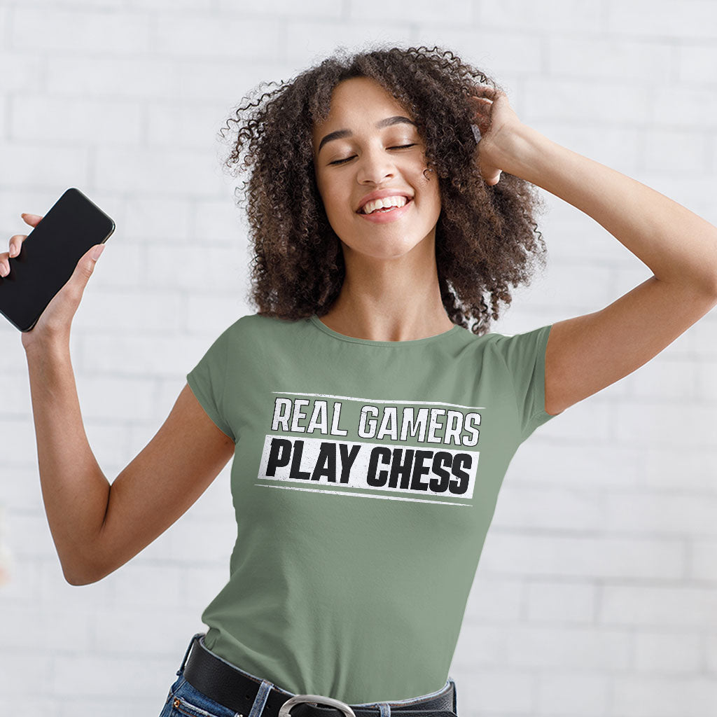 Real Gamers Women's T-Shirt - Word Graphic T-Shirt - Graphic Relaxed Tee
