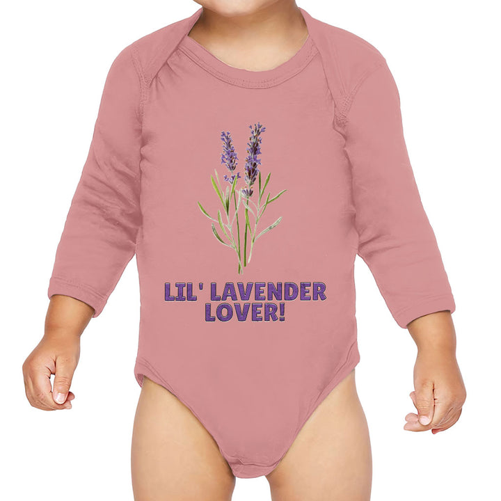 Lil' Lavender Lover Baby Long Sleeve Onesie - Flower Themed Baby Long Sleeve Bodysuit - Graphic Baby One-Piece