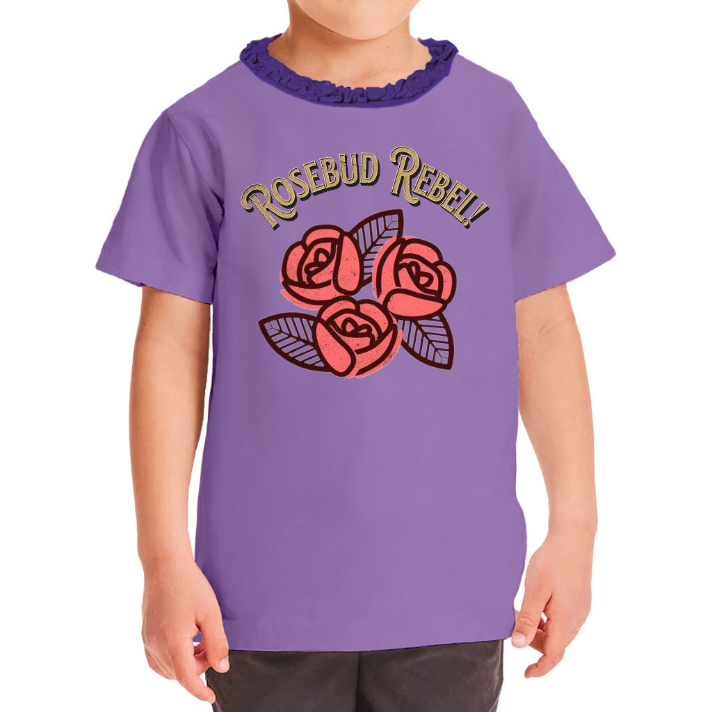 Rosebud Rebel Girls' Ruffle Neck T-Shirt - Cute Toddler T-Shirt - Flower Themed Ruffle Neck Tee