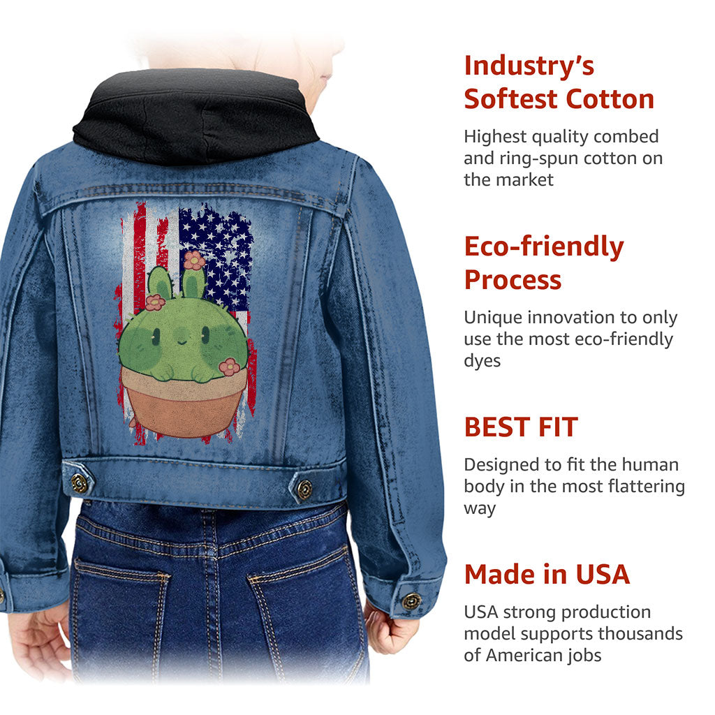 Little Cactus Toddler Hooded Denim Jacket - Flag Jean Jacket - Themed Denim Jacket for Kids