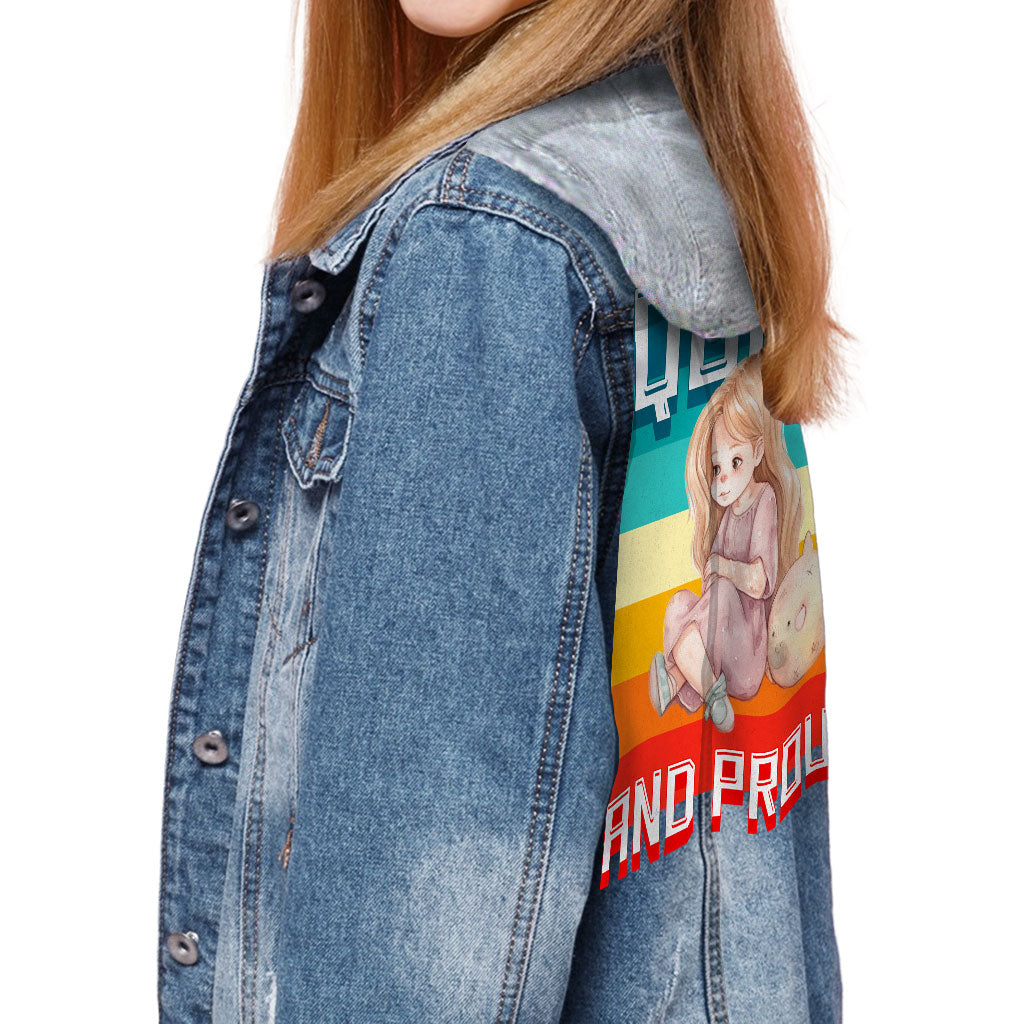 Quiet and Proud Hooded Denim Jacket for Kids - Cute Girl Jean Jacket - Printed Denim Jacket for Kids