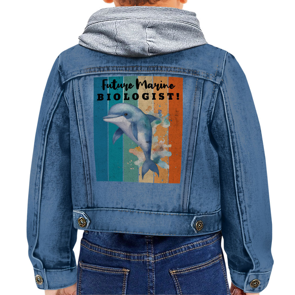 Future Marine Biologist Toddler Hooded Denim Jacket - Dolphin Jean Jacket - Printed Denim Jacket for Kids