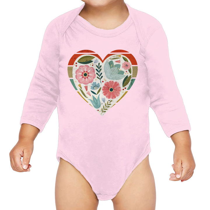 Flower Heart Baby Long Sleeve Onesie - Colorful Baby Long Sleeve Bodysuit - Printed Baby One-Piece