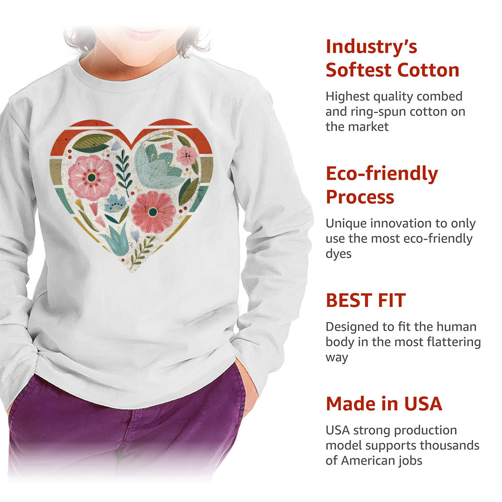 Flower Heart Toddler Long Sleeve T-Shirt - Colorful Kids' T-Shirt - Printed Long Sleeve Tee