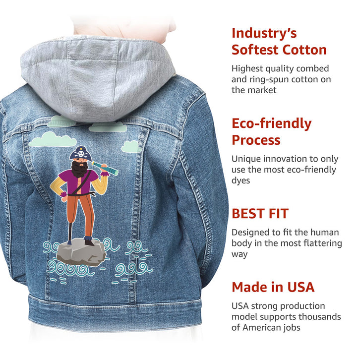 Cute Pirate Hooded Denim Jacket for Kids - Flag Jean Jacket - Graphic Denim Jacket for Kids