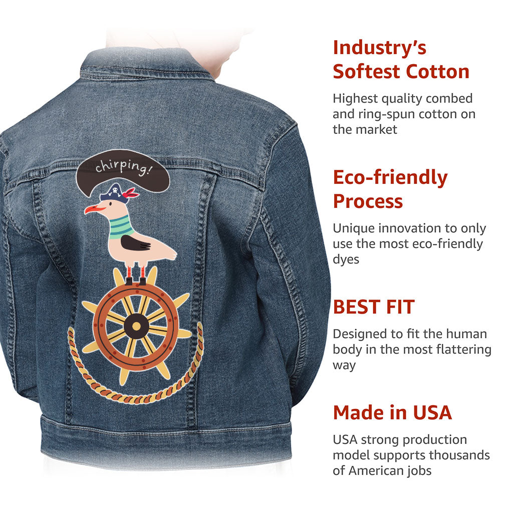 Sea Ship Themed Kids' Denim Jacket - Bird Jean Jacket - Printed Denim Jacket for Kids