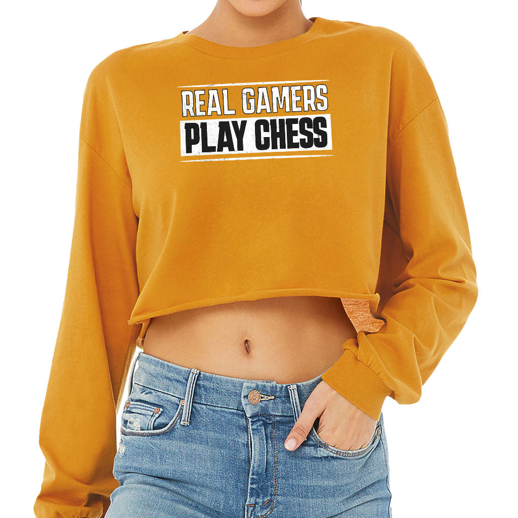 Real Gamers Cropped Long Sleeve T-Shirt - Word Graphic Women's T-Shirt - Graphic Long Sleeve Tee