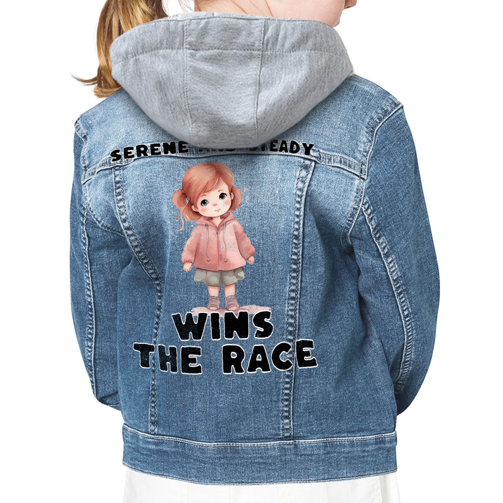 Serene and Steady Hooded Denim Jacket for Kids - Cute Girl Graphic Jean Jacket - Word Design Denim Jacket for Kids