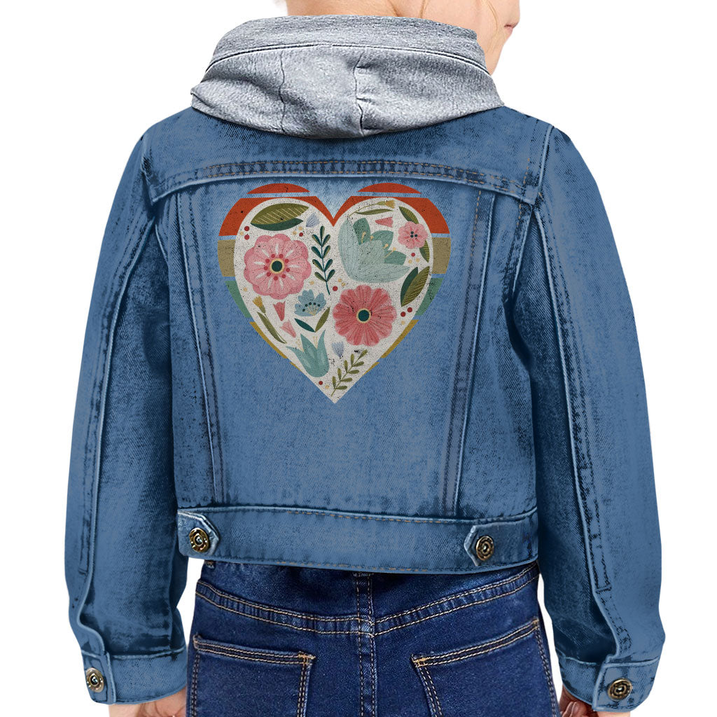 Flower Heart Toddler Hooded Denim Jacket - Colorful Jean Jacket - Printed Denim Jacket for Kids