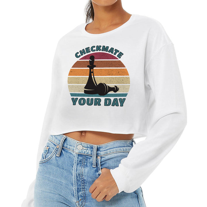 Checkmate Your Day Cropped Long Sleeve T-Shirt - Colorful Women's T-Shirt - Printed Long Sleeve Tee
