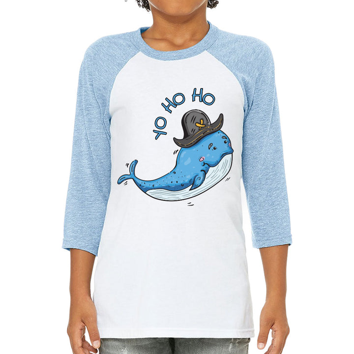 Whale Print Kids' Baseball T-Shirt - Yo Ho Ho 3/4 Sleeve T-Shirt - Graphic Baseball Tee