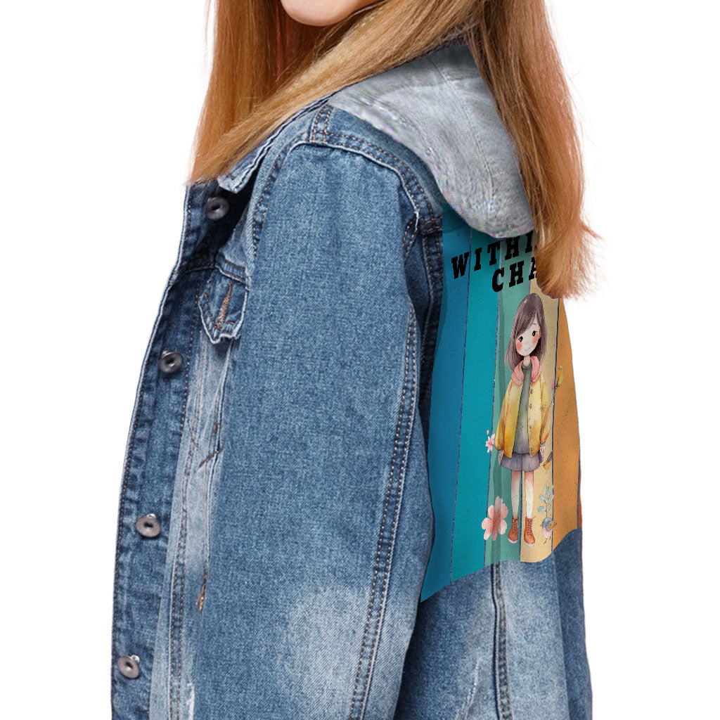 The Calm Within the Chaos Hooded Denim Jacket for Kids - Flower Girl Jean Jacket - Art Denim Jacket for Kids