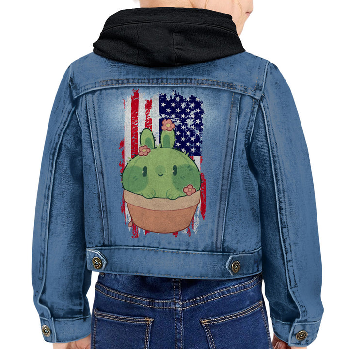 Little Cactus Toddler Hooded Denim Jacket - Flag Jean Jacket - Themed Denim Jacket for Kids