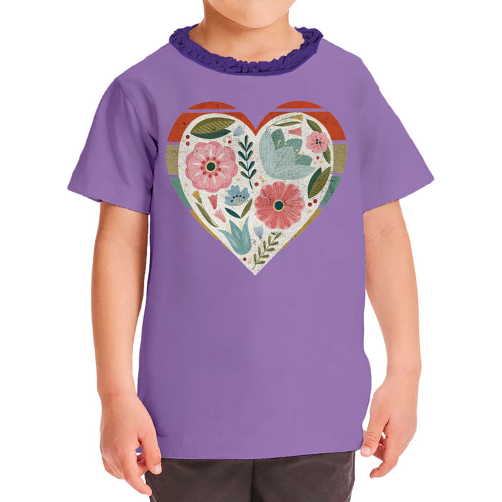 Flower Heart Girls' Ruffle Neck T-Shirt - Colorful Toddler T-Shirt - Printed Ruffle Neck Tee
