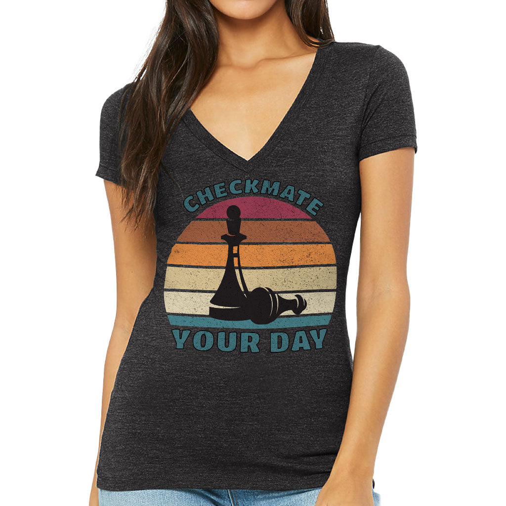 Checkmate Your Day Women's V-Neck T-Shirt - Colorful V-Neck Tee - Printed T-Shirt