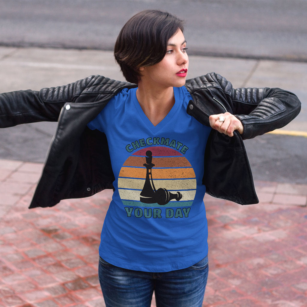 Checkmate Your Day Women's V-Neck T-Shirt - Colorful V-Neck Tee - Printed T-Shirt