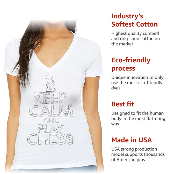 Keep Calm and Play Chess Women's V-Neck T-Shirt - Cool Saying V-Neck Tee - Graphic T-Shirt