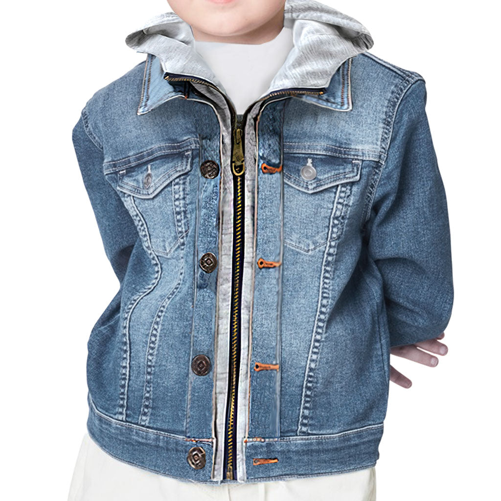 Whale Print Hooded Denim Jacket for Kids - Yo Ho Ho Jean Jacket - Graphic Denim Jacket for Kids