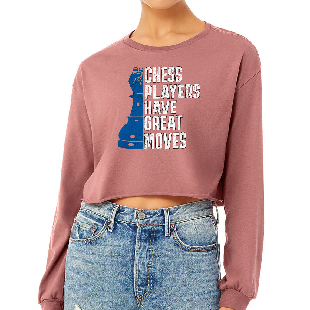 Chess Players Cropped Long Sleeve T-Shirt - Cool Design Women's T-Shirt - Word Design Long Sleeve Tee