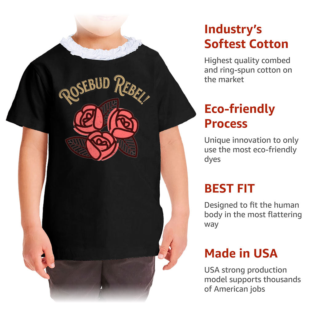 Rosebud Rebel Girls' Ruffle Neck T-Shirt - Cute Toddler T-Shirt - Flower Themed Ruffle Neck Tee