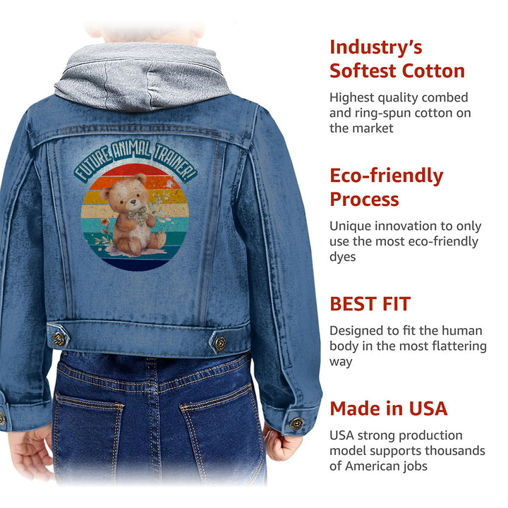Future Animal Trainer Toddler Hooded Denim Jacket - Teddy Bear Jean Jacket - Printed Denim Jacket for Kids