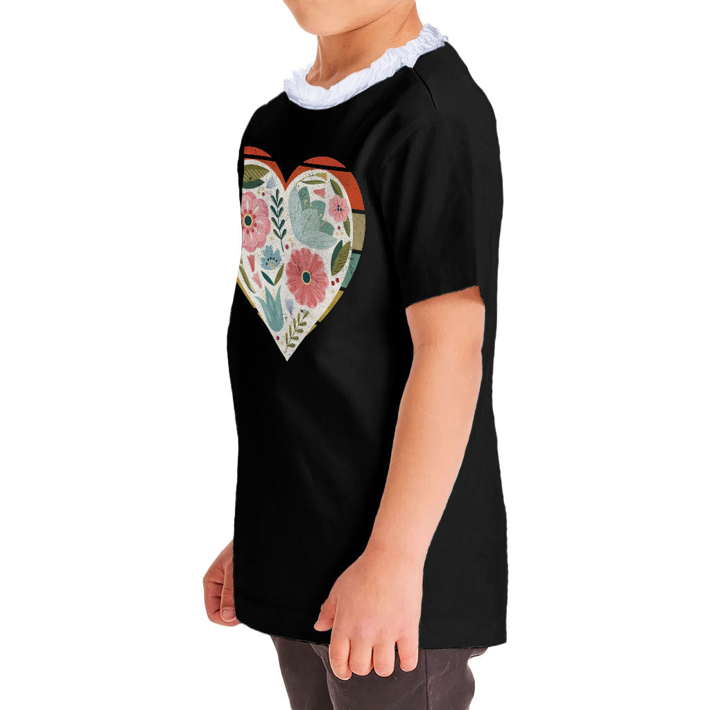 Flower Heart Girls' Ruffle Neck T-Shirt - Colorful Toddler T-Shirt - Printed Ruffle Neck Tee