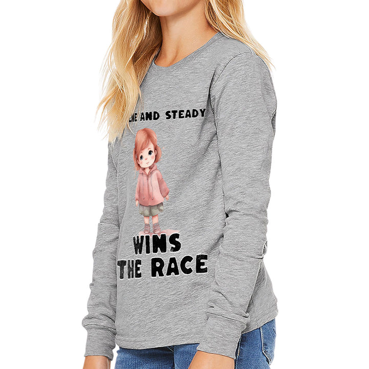 Serene and Steady Kids' Long Sleeve T-Shirt - Cute Girl Graphic T-Shirt - Word Design Long Sleeve Tee