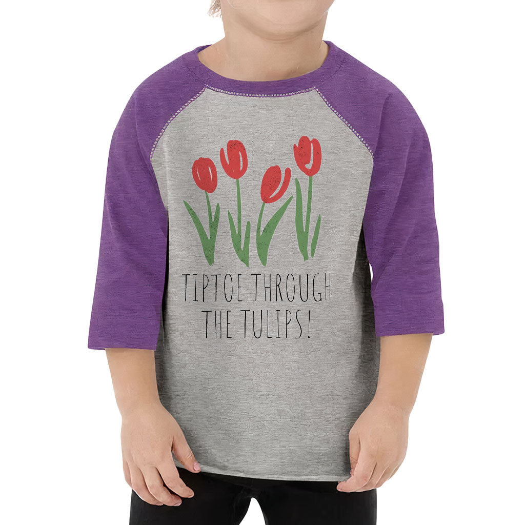 Tiptoe Through the Tulips Toddler Baseball T-Shirt - Graphic 3/4 Sleeve T-Shirt - Colorful Kids' Baseball Tee