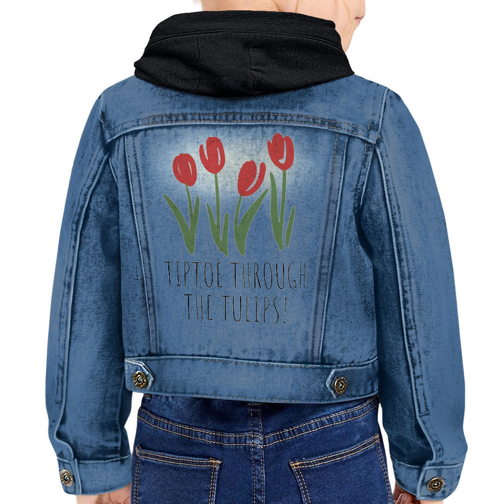 Tiptoe Through the Tulips Toddler Hooded Denim Jacket - Graphic Jean Jacket - Colorful Denim Jacket for Kids