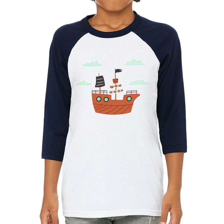 Pirate Ship Kids' Baseball T-Shirt - Themed 3/4 Sleeve T-Shirt - Bright Art Baseball Tee