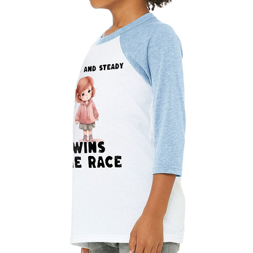 Serene and Steady Kids' Baseball T-Shirt - Cute Girl Graphic 3/4 Sleeve T-Shirt - Word Design Baseball Tee