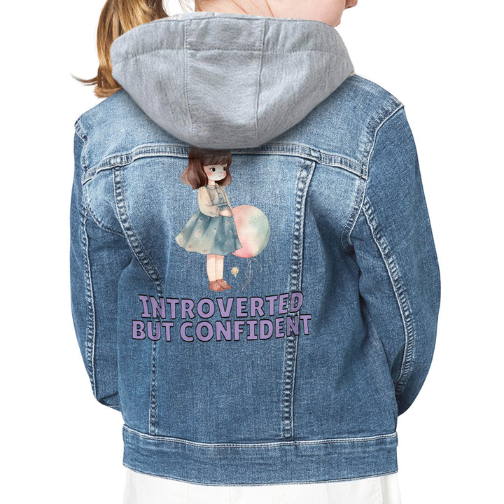 Introverted but Confident Hooded Denim Jacket for Kids - Little Girl Jean Jacket - Graphic Denim Jacket for Kids