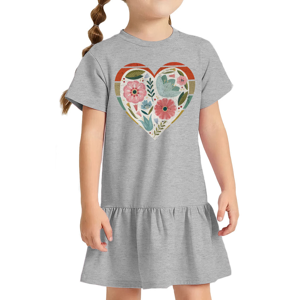 Flower Heart Toddler Rib Dress - Colorful Girls' Dress - Printed Toddler Dress