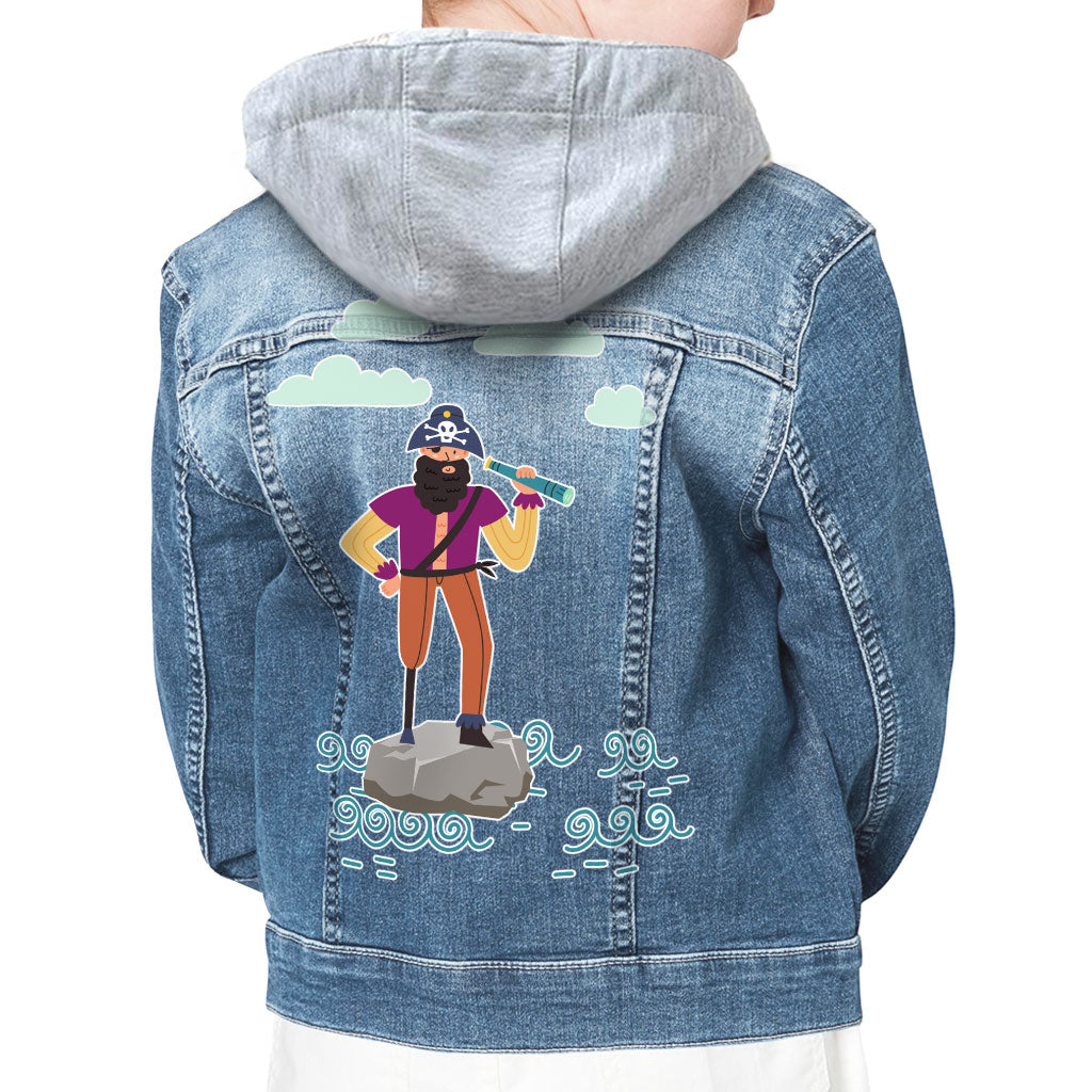 Cute Pirate Hooded Denim Jacket for Kids - Flag Jean Jacket - Graphic Denim Jacket for Kids