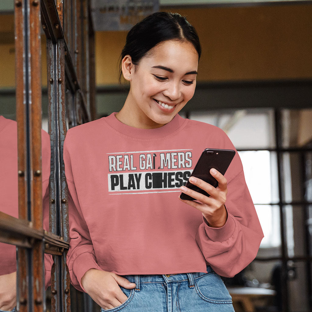 Real Gamers Cropped Long Sleeve T-Shirt - Word Graphic Women's T-Shirt - Graphic Long Sleeve Tee