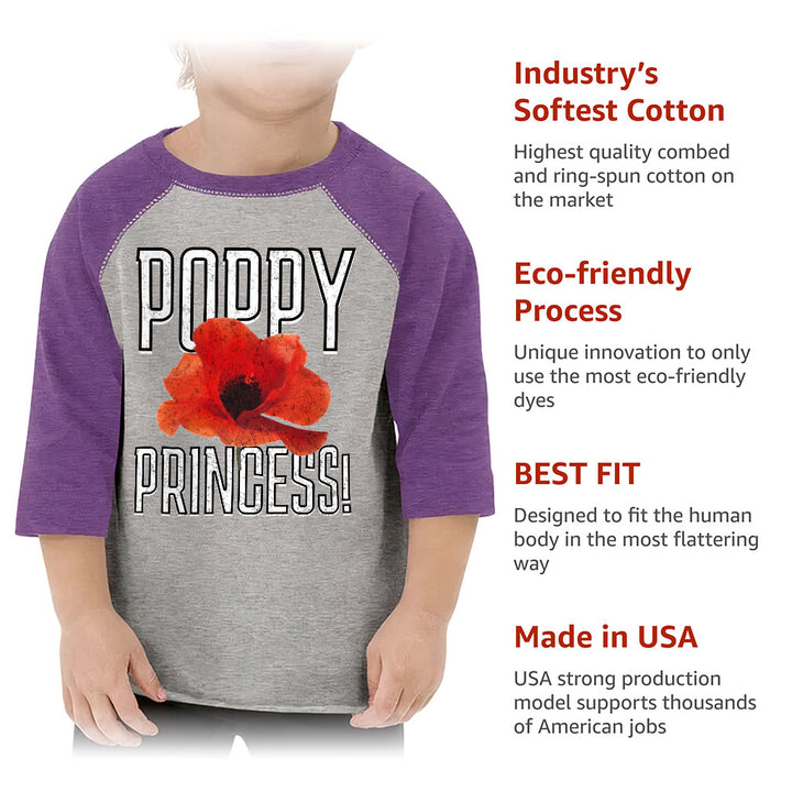Poppy Princess Toddler Baseball T-Shirt - Cute 3/4 Sleeve T-Shirt - Themed Kids' Baseball Tee