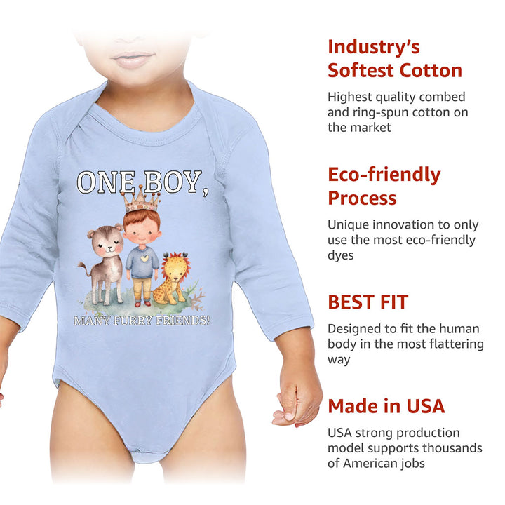 Many Furry Friends Baby Long Sleeve Onesie - Animal Lover Baby Long Sleeve Bodysuit - Graphic Baby One-Piece
