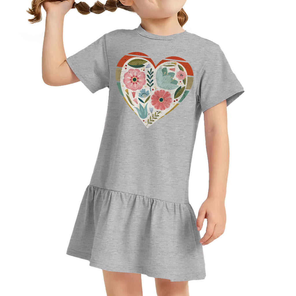 Flower Heart Toddler Rib Dress - Colorful Girls' Dress - Printed Toddler Dress