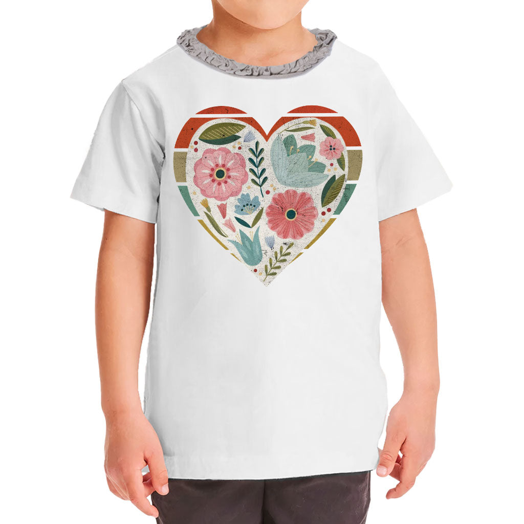 Flower Heart Girls' Ruffle Neck T-Shirt - Colorful Toddler T-Shirt - Printed Ruffle Neck Tee