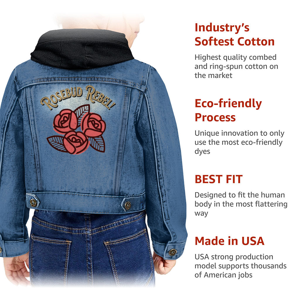 Rosebud Rebel Toddler Hooded Denim Jacket - Cute Jean Jacket - Flower Themed Denim Jacket for Kids