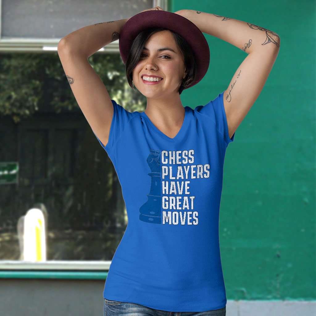 Chess Players Women's V-Neck T-Shirt - Cool Design V-Neck Tee - Word Design T-Shirt